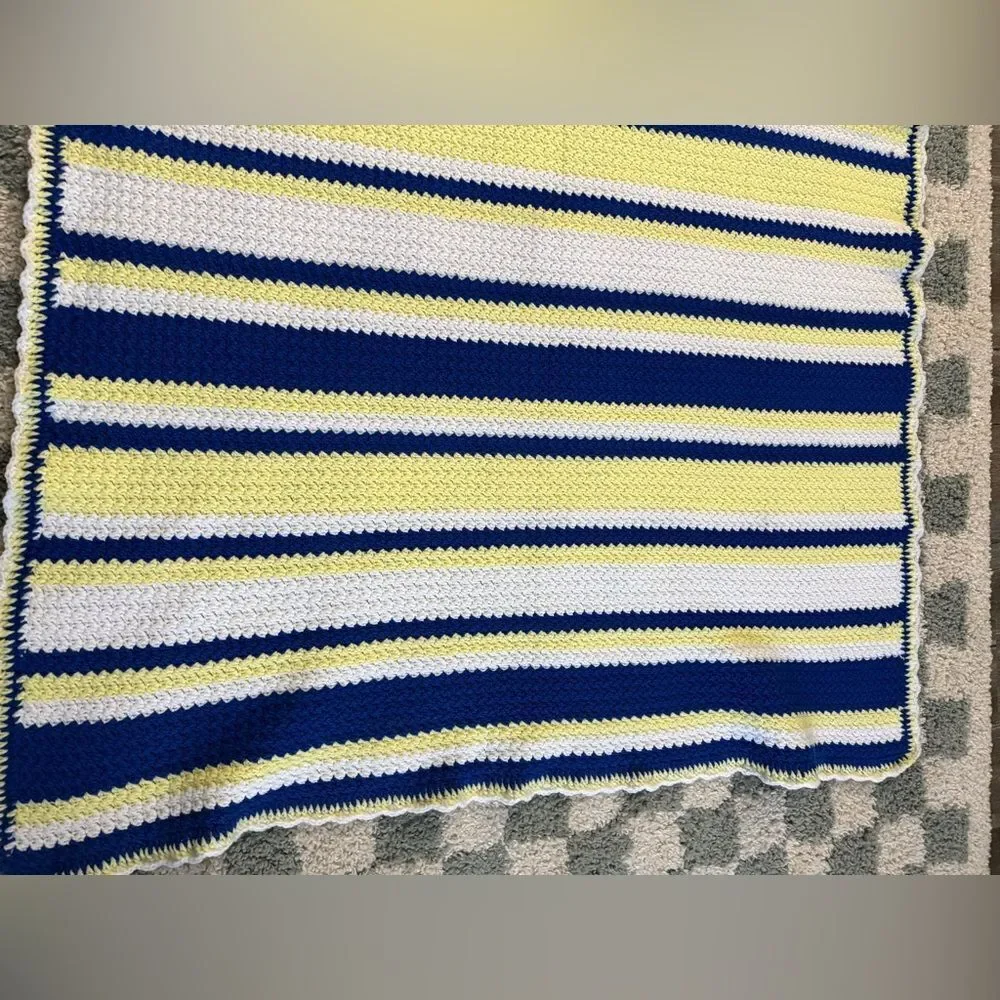 VTG Crochet Afghan Chevron Striped Blue Yellow Blanket Throw Michigan Football